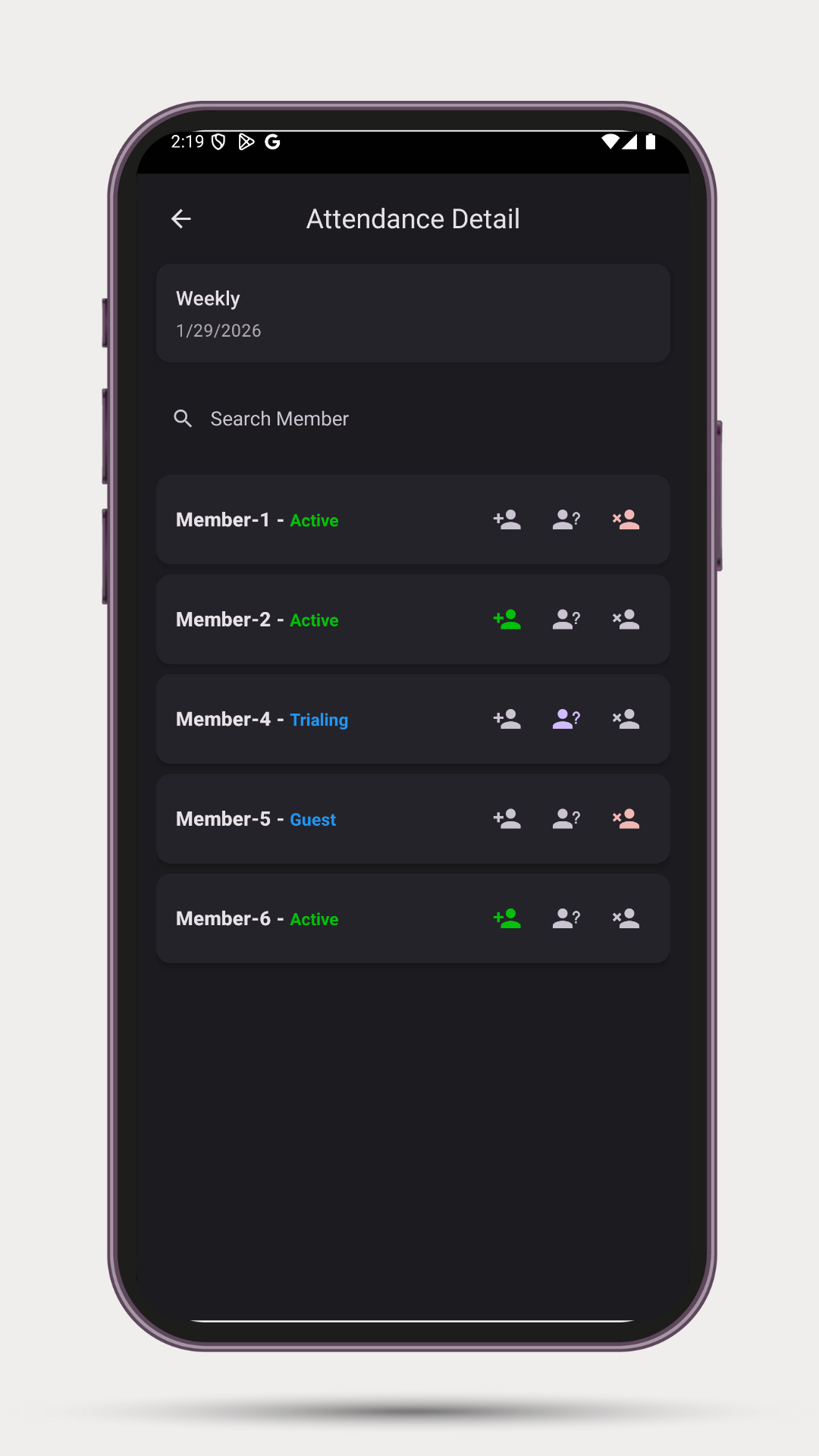 OfflineRollCall attendance tracking screen - Mark attendance for events with clear status options
